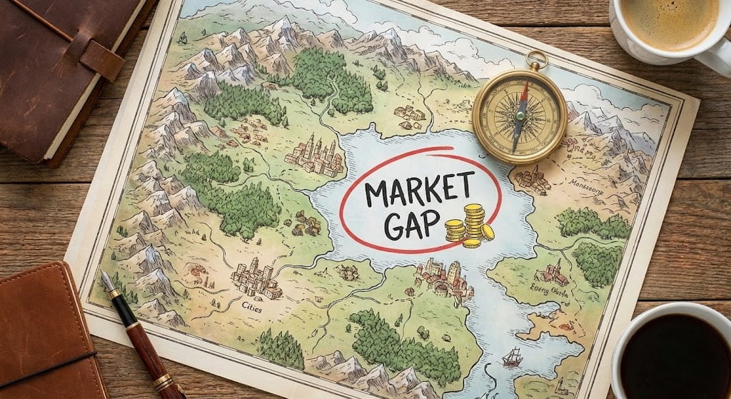 SEO Diego. Consultor SEO profesional 6 Fotografía de un mapa estratégico sobre un escritorio, donde una brújula señala un hueco de mercado ("MARKET GAP") con oportunidades de negocio, representando un estudio de palabras clave avanzado.