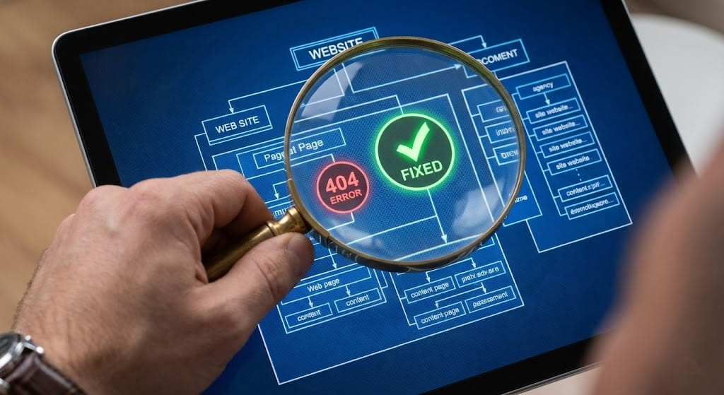 SEO Diego. Consultor SEO profesional 5 Primer plano de una auditoría SEO técnica en una tablet, donde una lupa detecta y corrige visualmente un error 404 en el diagrama de la estructura web, transformándolo en un estado "FIXED" verde.