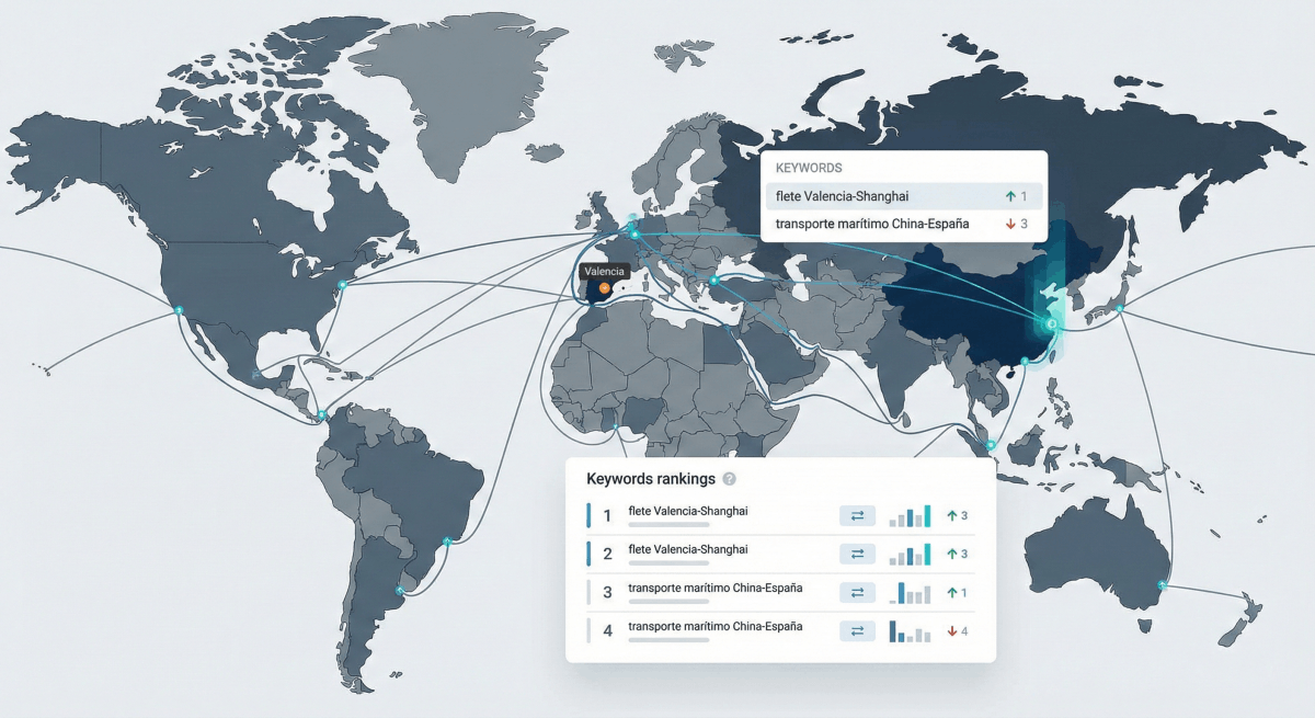 SEO para Logística y Empresas B2B 4 Mapa mundial azul claro que ilustra una red global de rutas logísticas y transporte, con líneas que conectan diferentes ubicaciones, representando el alcance y la autoridad digital en el sector logístico.