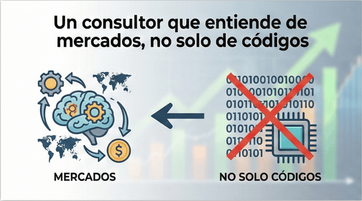 SEO para Logística y Empresas B2B 3 Diapositiva de presentación comparando el enfoque en mercados (cerebro, mapa mundial) con el enfoque solo en códigos (código binario, chip con una 'X' roja). El título dice "Un consultor que entiende de mercados, no solo de códigos"