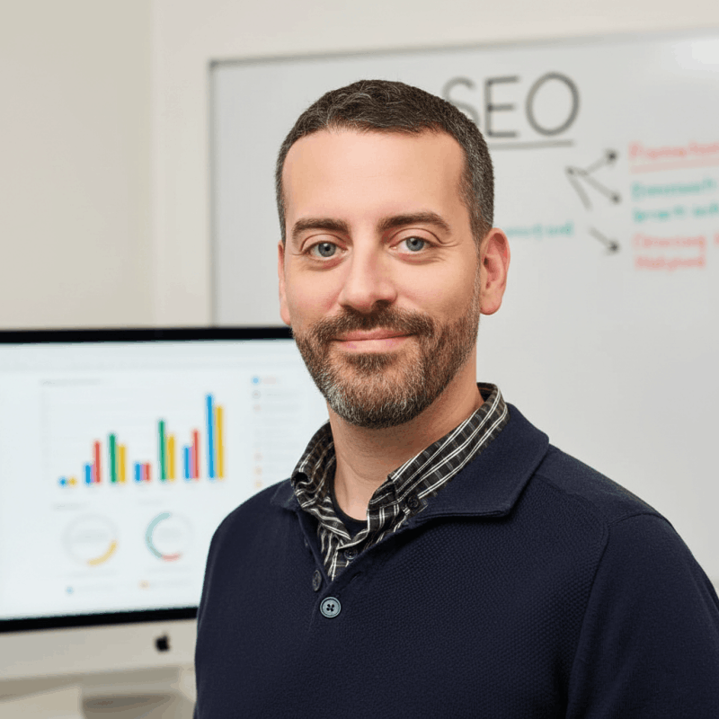 SEO Diego. Consultor SEO profesional 2 Retrato de un consultor SEO Diego B2B sonriente, con una pizarra con estrategias SEO y una pantalla de ordenador mostrando gráficos de análisis de datos en el fondo.