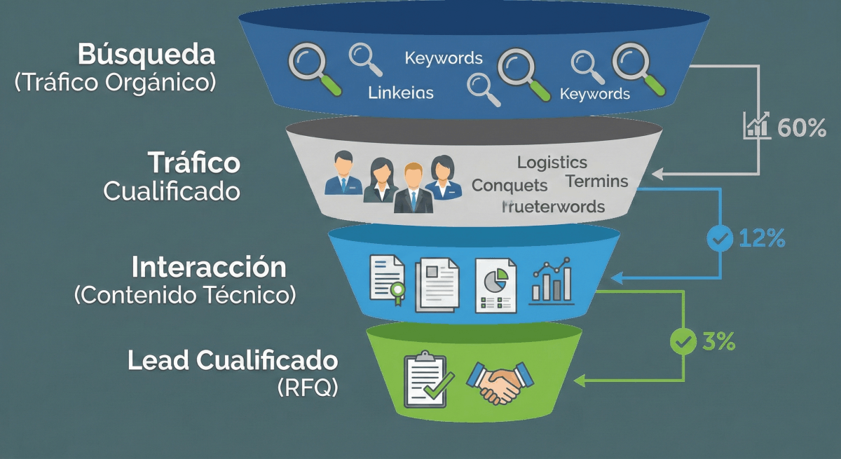 SEO para Logística y Empresas B2B 5 Diagrama visual de un embudo de ventas B2B, mostrando las etapas de "Conciencia", "Consideración" y "Decisión", que conduce a una "Venta B2B Exitosa" con un apretón de manos y una red de negocios.