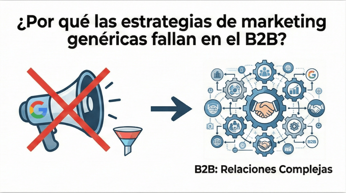 SEO para Logística y Empresas B2B 2 Diapositiva de presentación ilustrando el fallo de estrategias genéricas en B2B. Un megáfono con una 'X' roja se opone a un diagrama complejo de relaciones empresariales, bajo el título "¿Por qué las estrategias de marketing genéricas fallan en el B2B?"