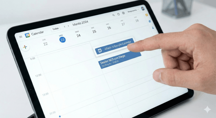 Gracias reserva 3 Una mano pulsando el botón de 'Añadir a Google Calendar' la sesión de consultoría SEO en una tableta.