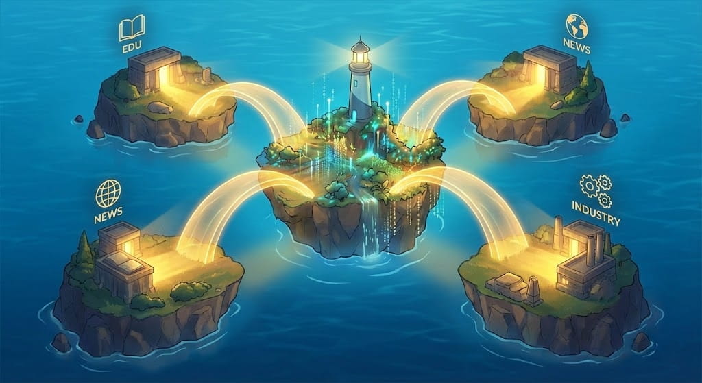 SEO Diego. Consultor SEO profesional 7 Ilustración conceptual de una estrategia de linkbuilding de calidad, mostrando islas de autoridad temática (Educación, Noticias, Industria) transfiriendo fuerza mediante puentes dorados hacia la web central del cliente.