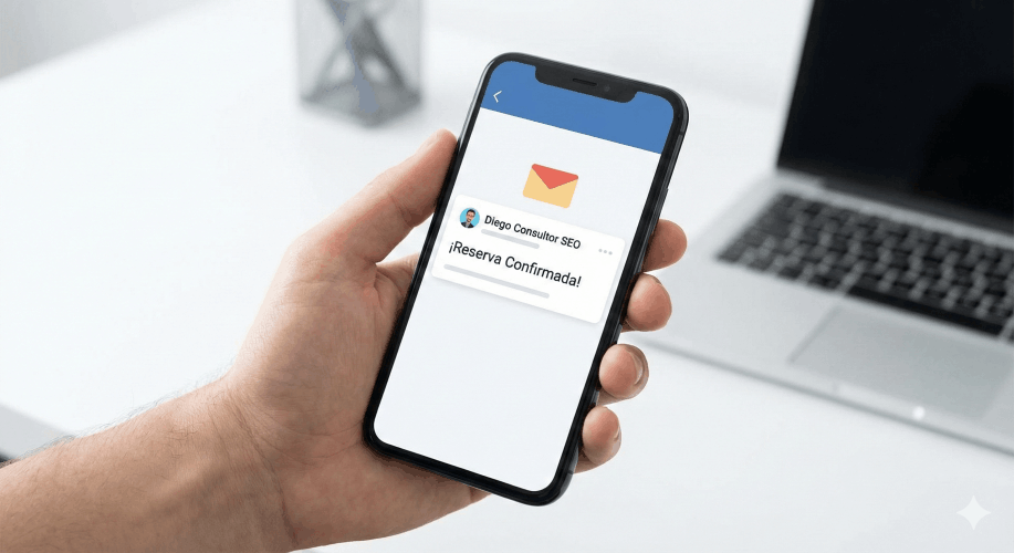 Gracias reserva 2 Teléfono móvil mostrando una notificación de correo electrónico con el asunto Reserva SEO Confirmada de Diego Consultor SEO.
