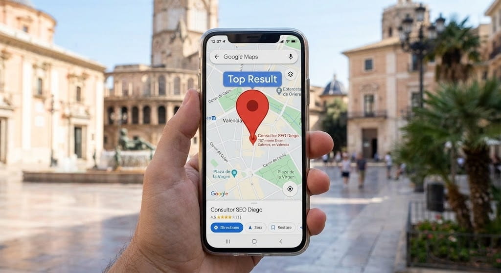 SEO Diego. Consultor SEO profesional 4 Mano sosteniendo un móvil en una plaza de Valencia, mostrando una búsqueda en Google Maps donde la ficha de "Consultor SEO Diego" aparece destacada con un pin rojo como el primer resultado local.
