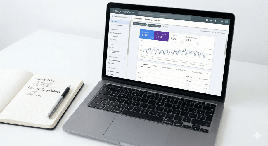 Gracias reserva 4 Ordenador portátil mostrando el panel de datos de Google Search Console junto a una libreta de notas para la auditoría SEO.