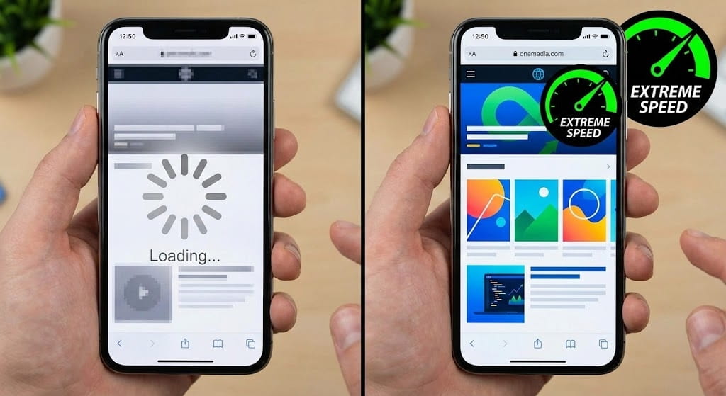 SEO Diego. Consultor SEO profesional 8 Comparativa en pantalla dividida de un smartphone mostrando una web con carga lenta y borrosa a la izquierda, frente a una carga ultrarrápida y nítida con indicador de velocidad a la derecha, tras una optimización WPO.