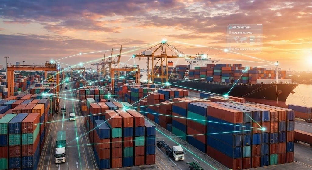 Servicios SEO 7 Vista de un puerto de contenedores y barco de carga al atardecer, con una red de líneas de datos y conexiones digitales brillantes superpuestas que simbolizan la conectividad y trazabilidad en la logística B2B.